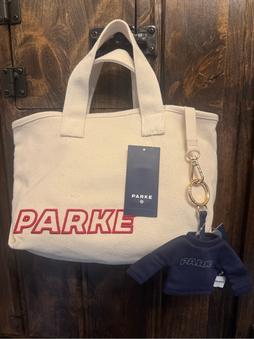 PARKE Cream Canvas Tote Bag with Red Logo